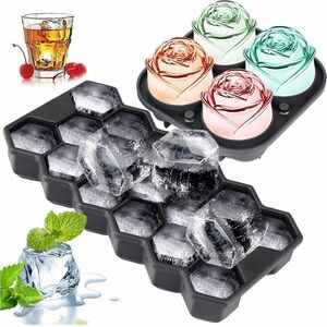 Large Rose Ice Mold & Hexagon Ice Rubber Tray For Cocktails COFFEE JUICE NEW